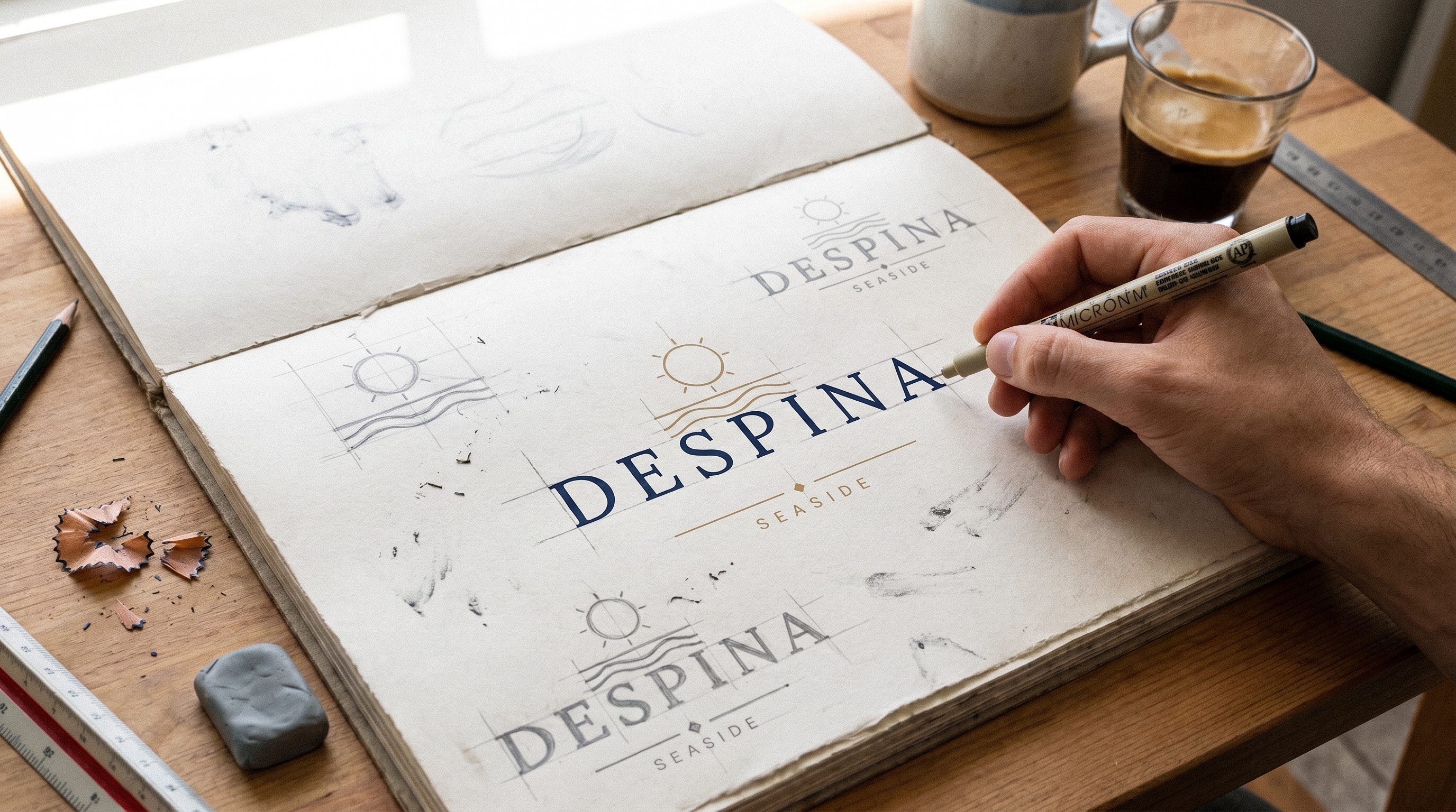 Despina Seaside identity sketches on a paper pad.