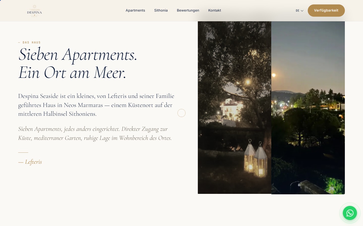 Despina story section — italic serif headline 'Ein Ort am Meer', narrative paragraph in German, two evening photographs of the apartment garden side-by-side.
