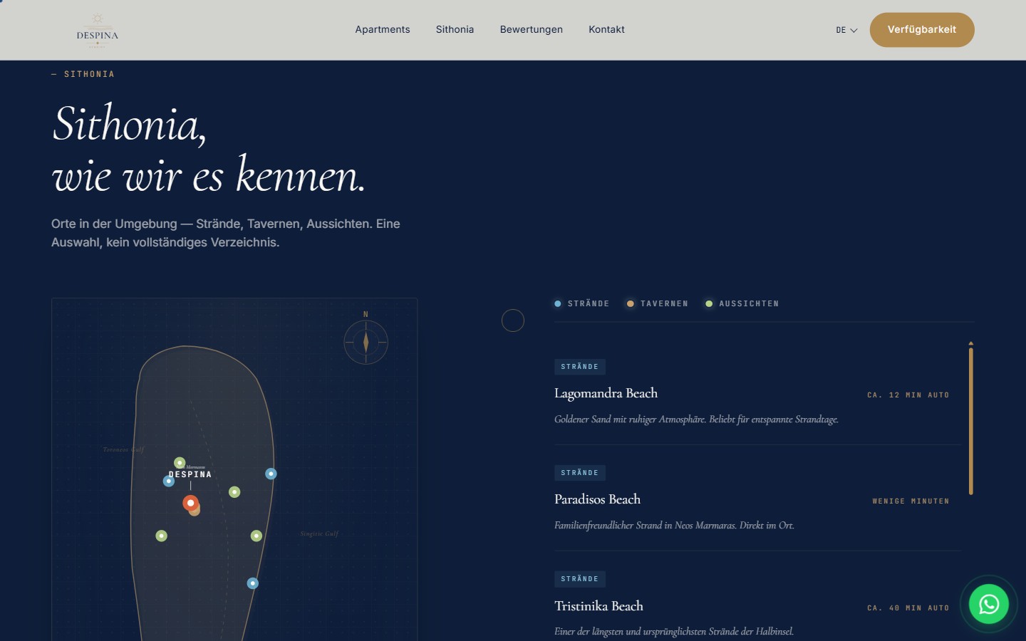Despina Sithonia section — italic serif headline 'Sithonia, wie wir es kennen' on deep navy, hand-drawn coastline map of the peninsula with the apartment marked, beside a list of nearby beaches with drive times.