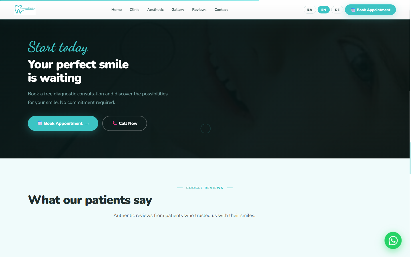 Smile Design booking section — italic 'Start today' over the headline 'Your perfect smile is waiting', a quiet two-line paragraph and a single mineral-green Book Appointment CTA next to a pill-shaped Call Now option, on a deep ink panel.